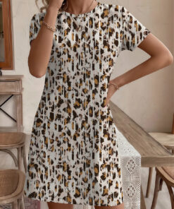 Women's autumn brown striped printed short-sleeved dress