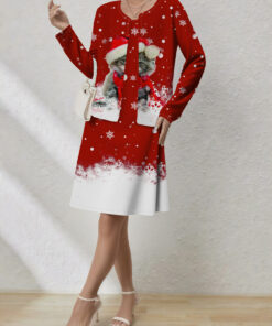 Women's autumn red Christmas-themed cardigan dress set
