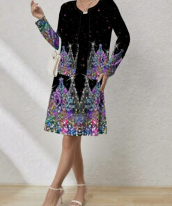 Women's autumn colorful Christmas tree cardigan dress set