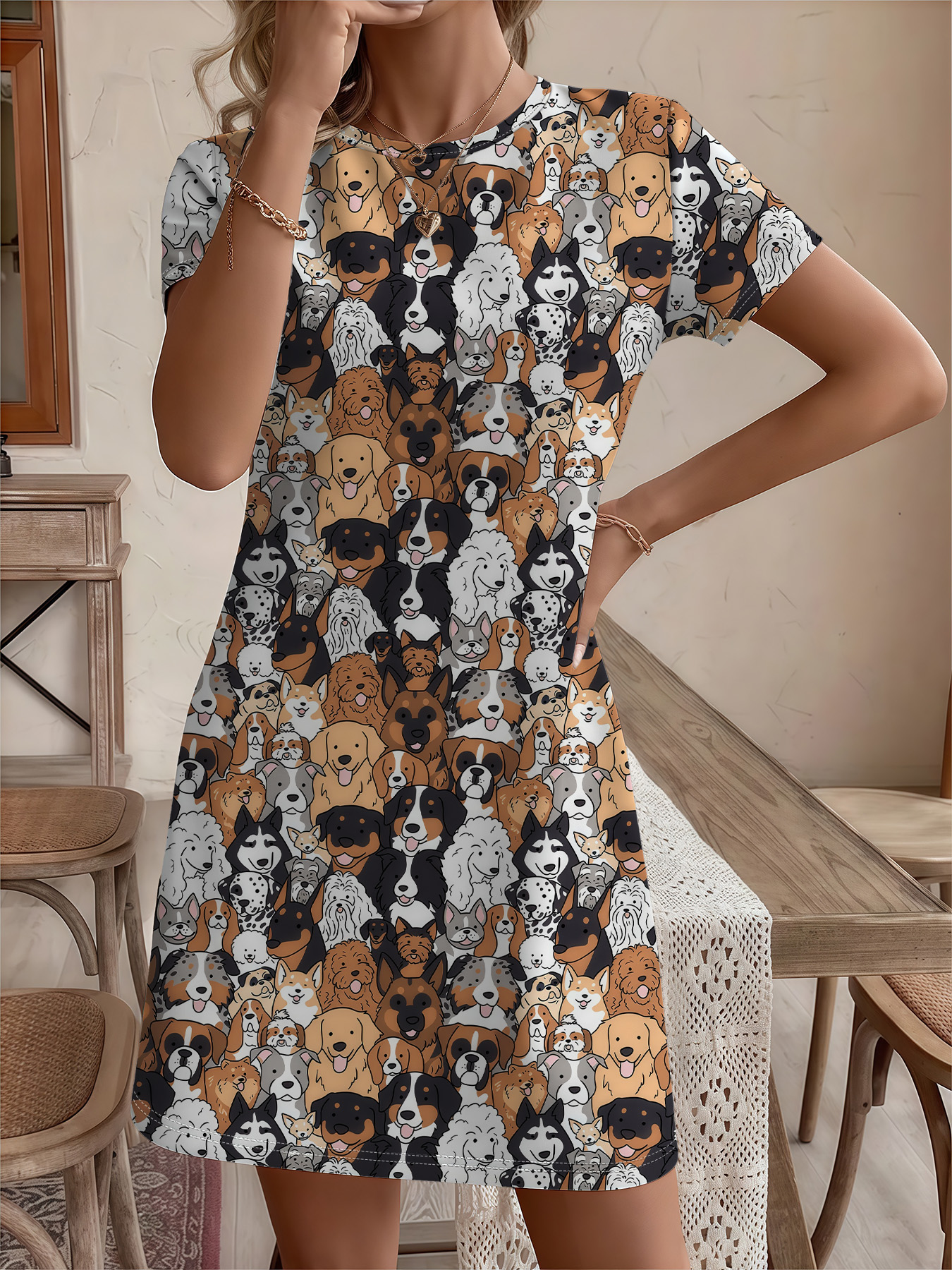 Women's autumn full-print puppy short-sleeved dress - Image 2