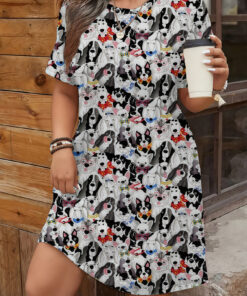 Women's autumn white full-printed puppy short-sleeved dress