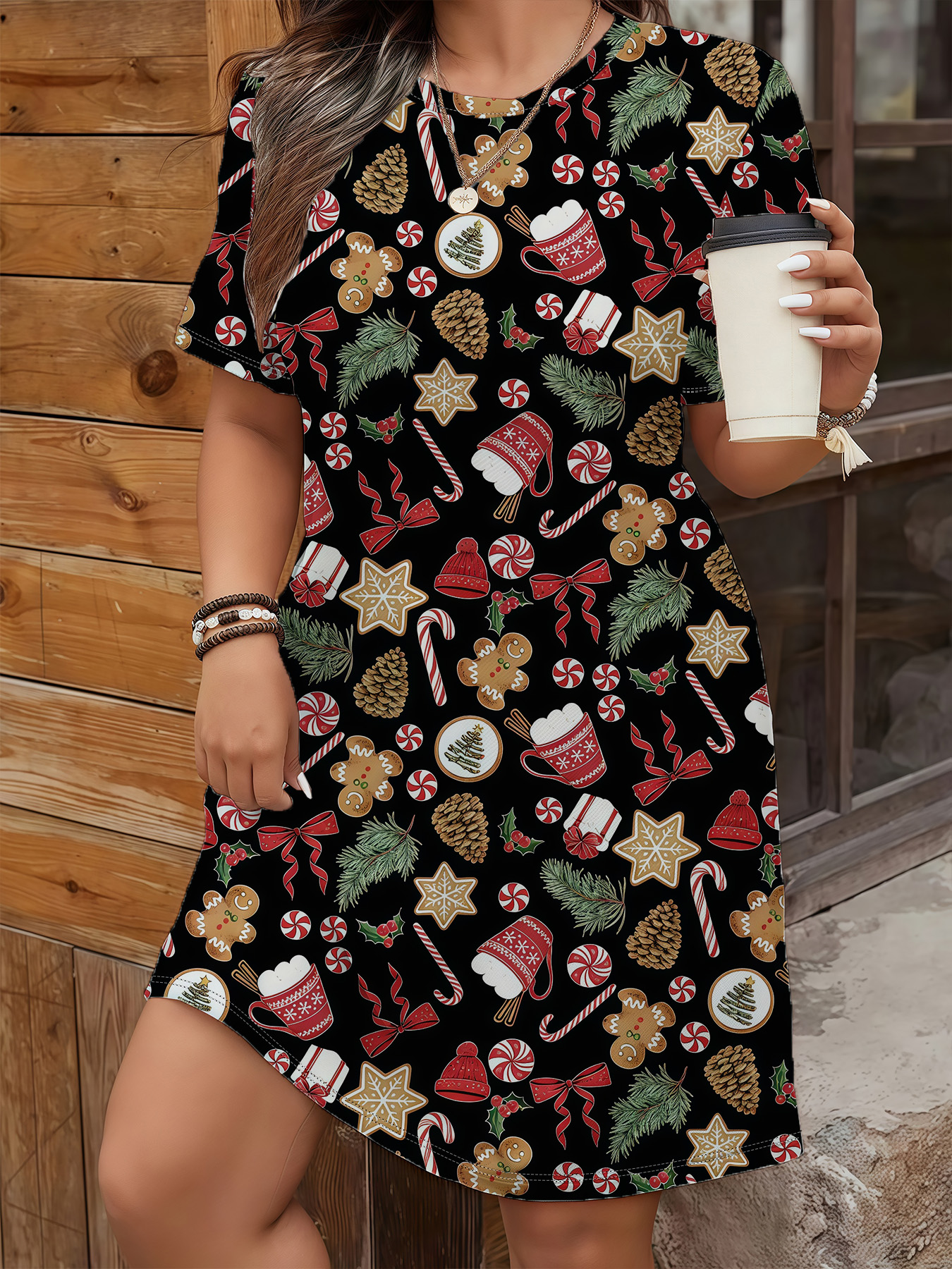 Women's autumn Christmas-themed printed short-sleeved dress