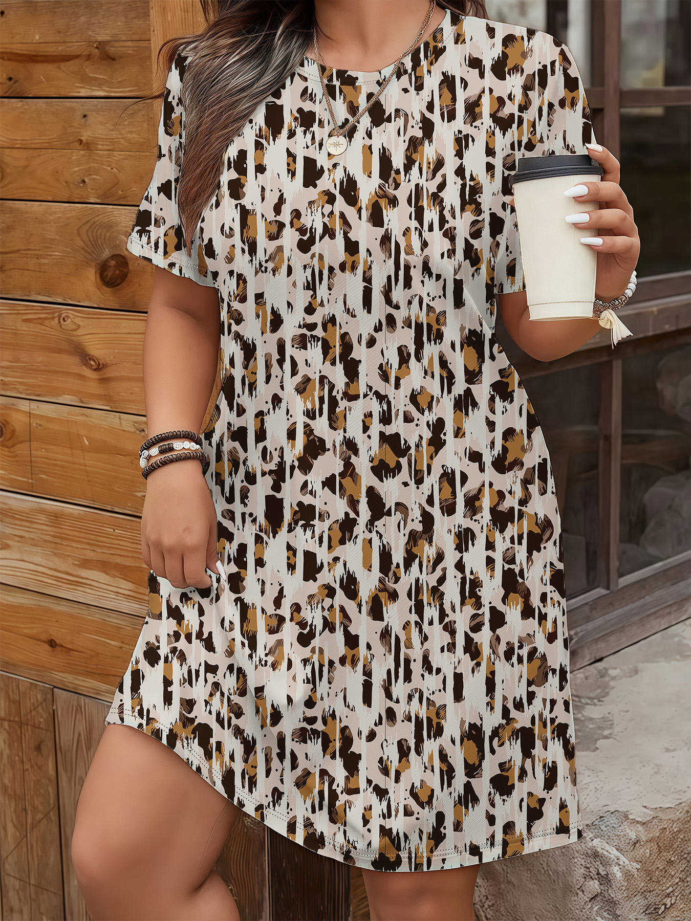 Women's autumn brown striped printed short-sleeved dress - Image 3