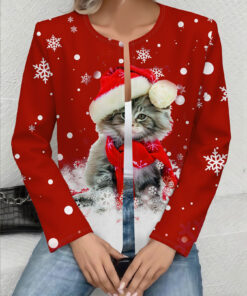 Women's autumn Christmas cat printed cardigan