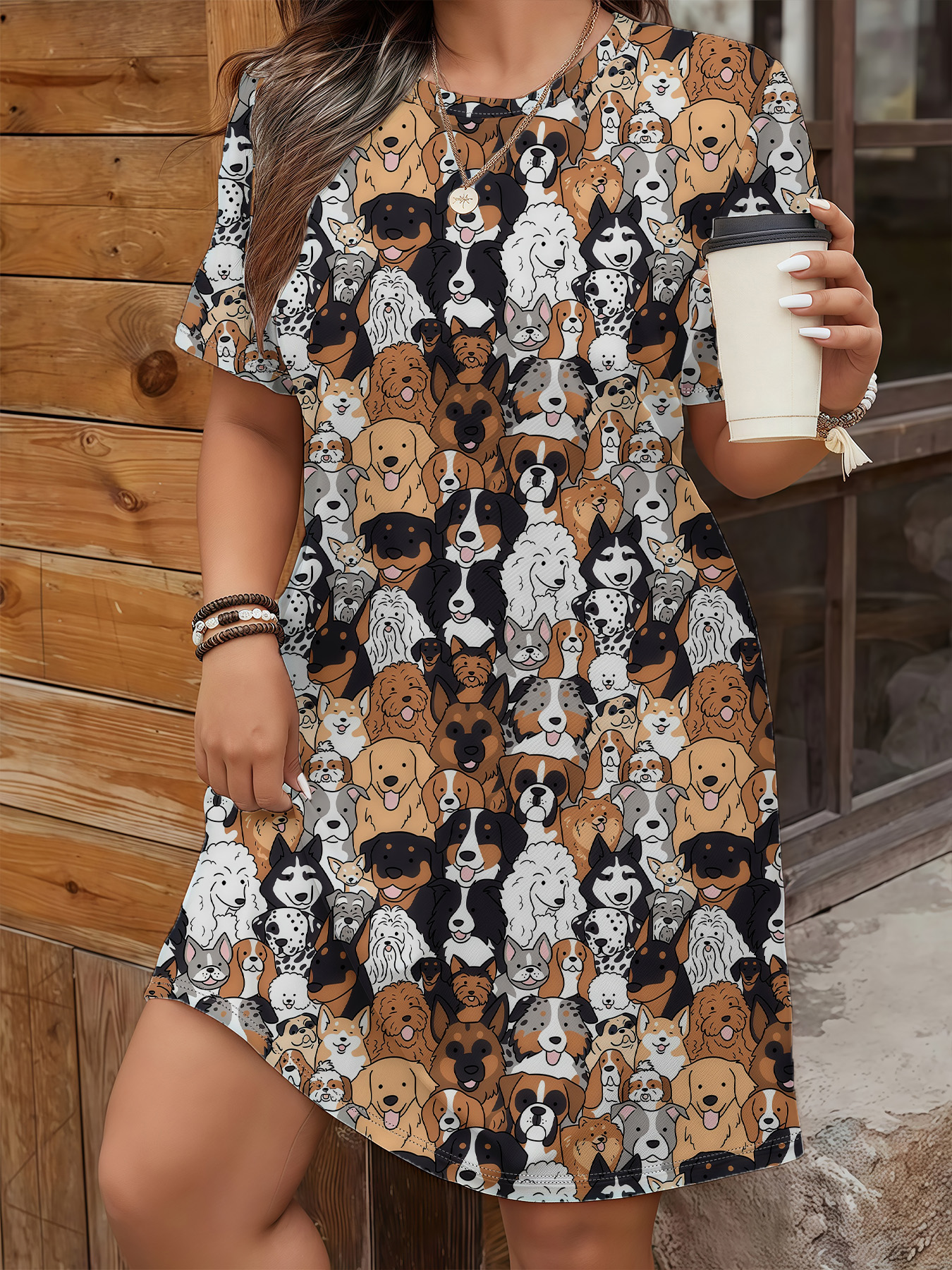 Women's autumn full-print puppy short-sleeved dress - Image 3