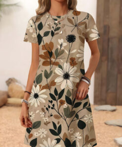Women's autumn brown full-printed floral short-sleeved dress