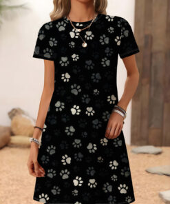 Women's autumn black footprint short-sleeved dress