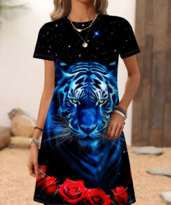 Women's autumn blue tiger print short-sleeved dress