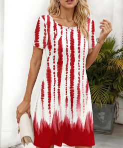 Women's autumn red striped short-sleeved dress