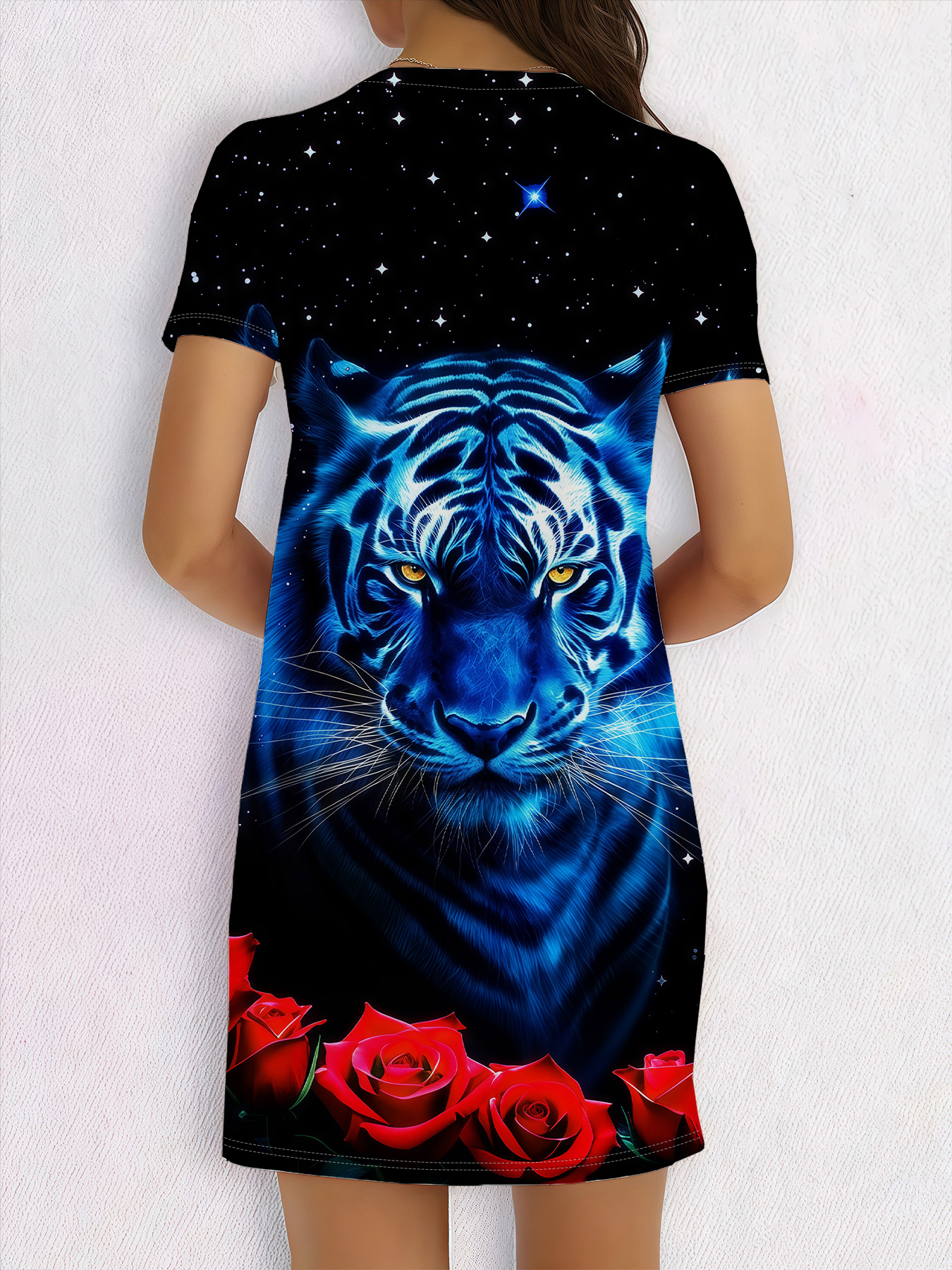 Women's autumn blue tiger print short-sleeved dress - Image 5