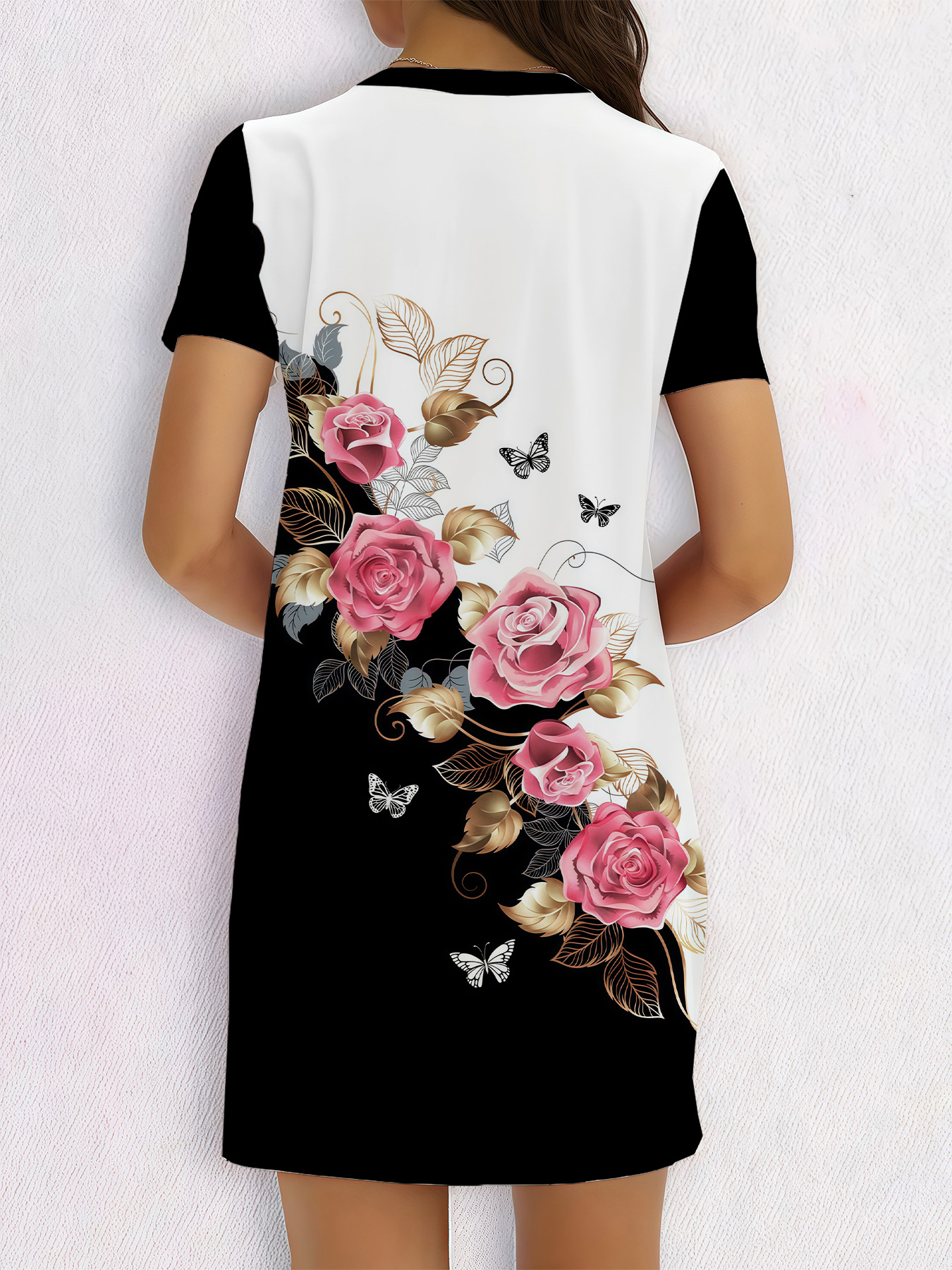 Women's autumn black and white floral short-sleeved dress - Image 5