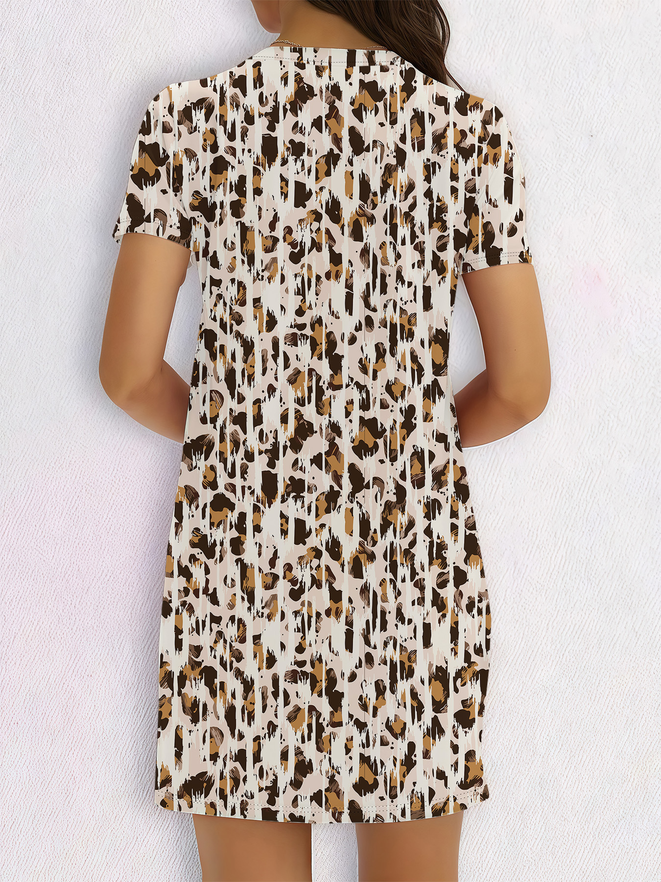 Women's autumn brown striped printed short-sleeved dress - Image 5