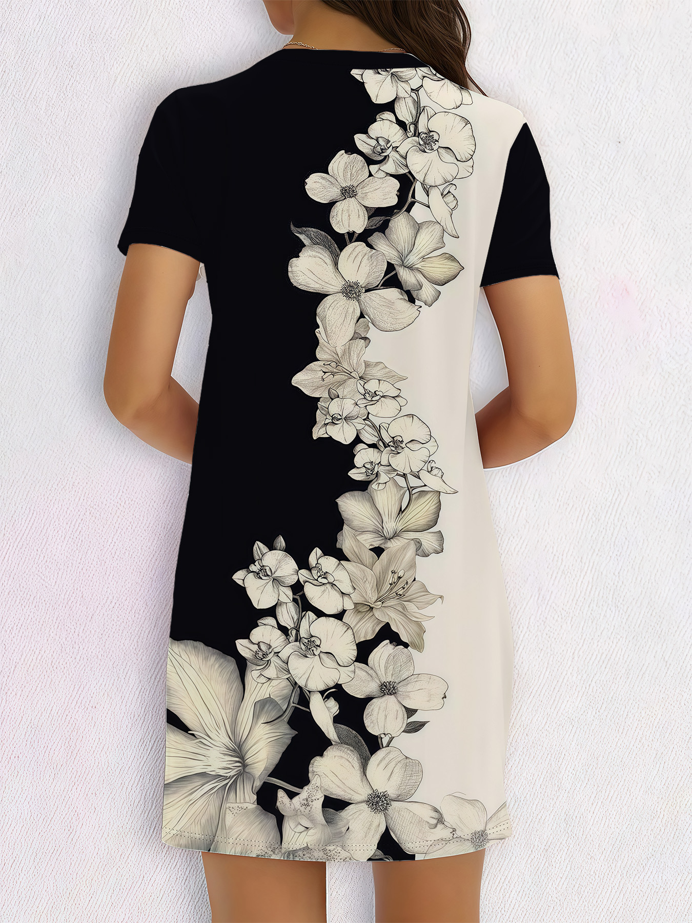 Women's autumn black and white patchwork flower short-sleeved dress - Image 5