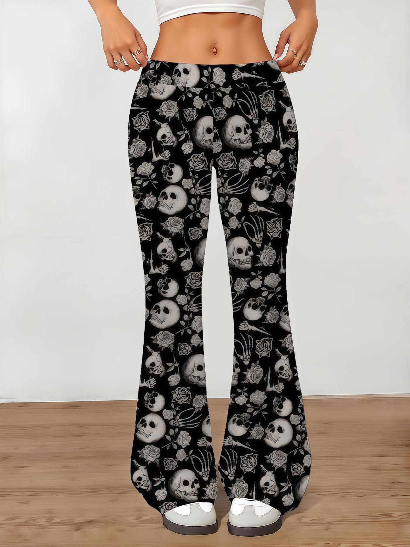 Women's autumn full printed skeleton wide leg pants - Image 3