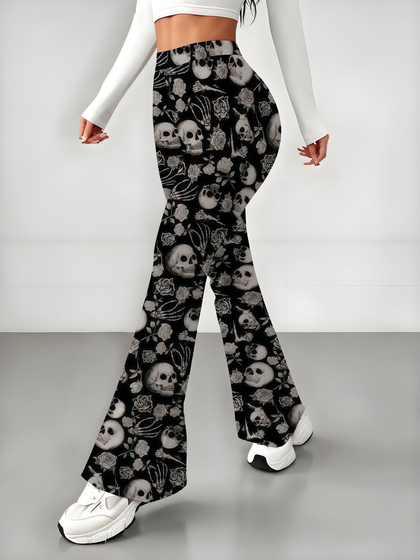 Women's autumn full printed skeleton wide leg pants