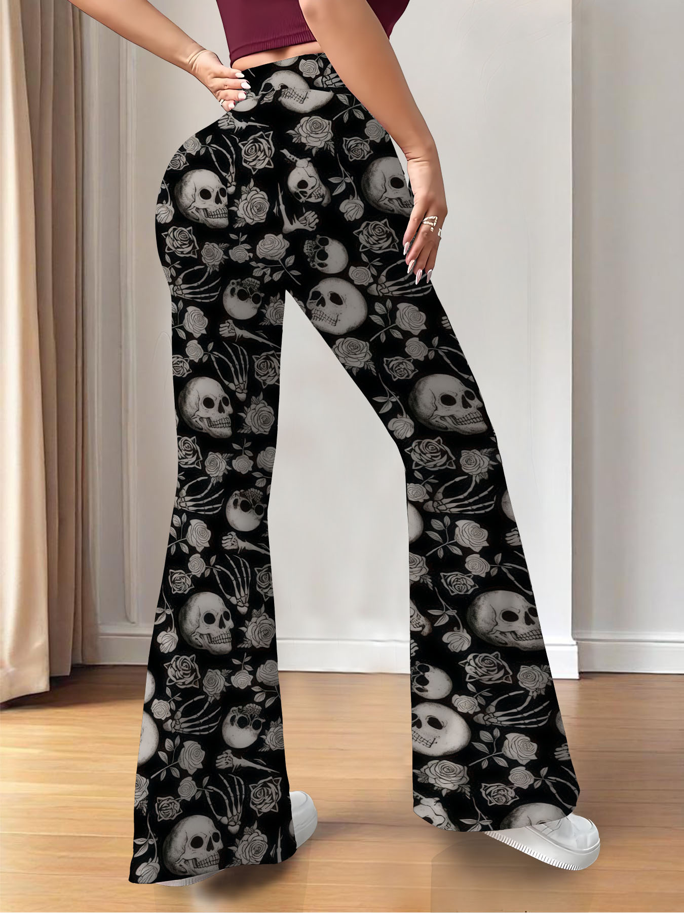 Women's autumn full printed skeleton wide leg pants - Image 5