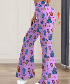 Women's autumn deep pink full-printed cartoon wide-leg pants