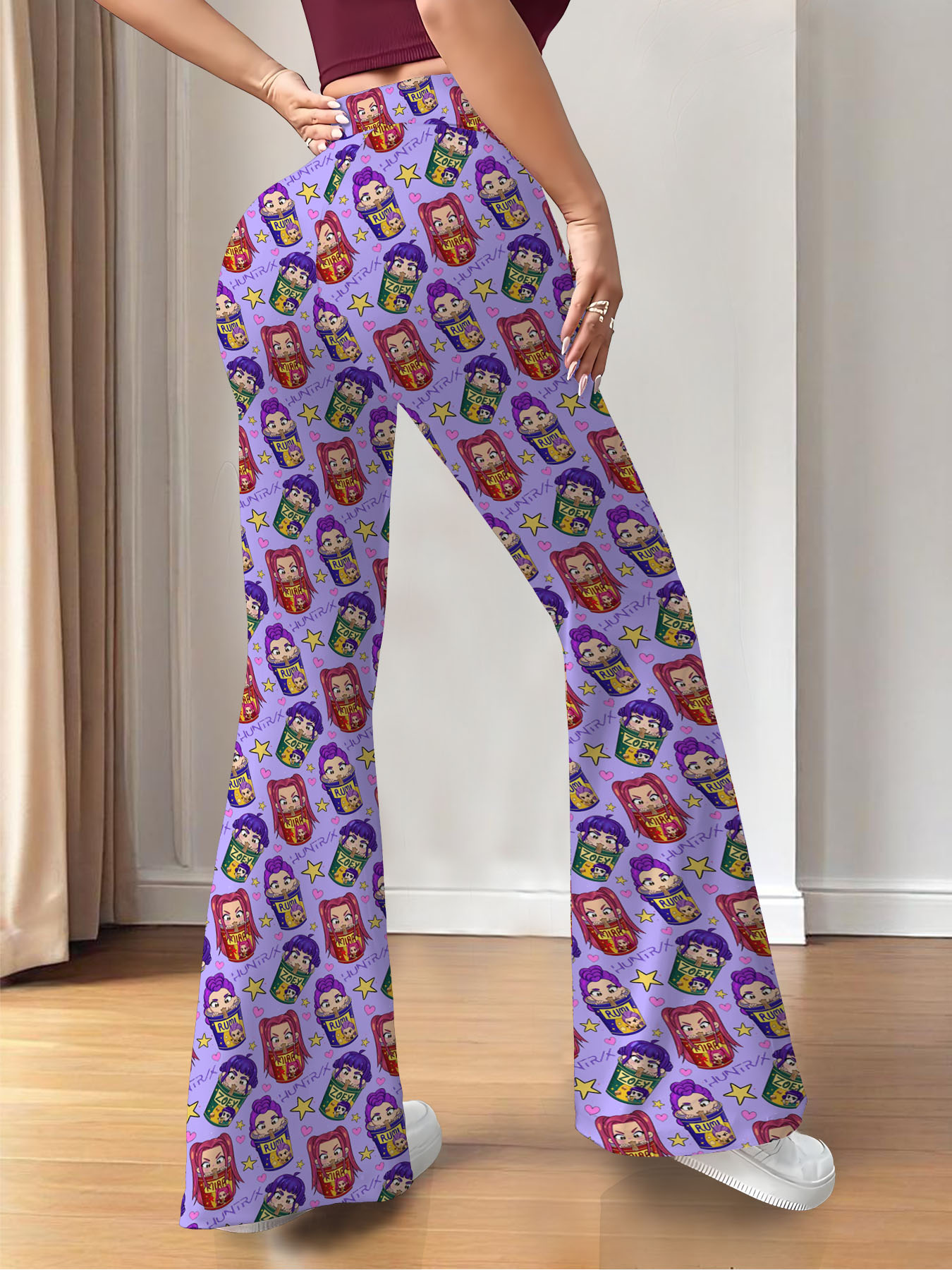 Women's autumn purple full-print cartoon wide-leg pants