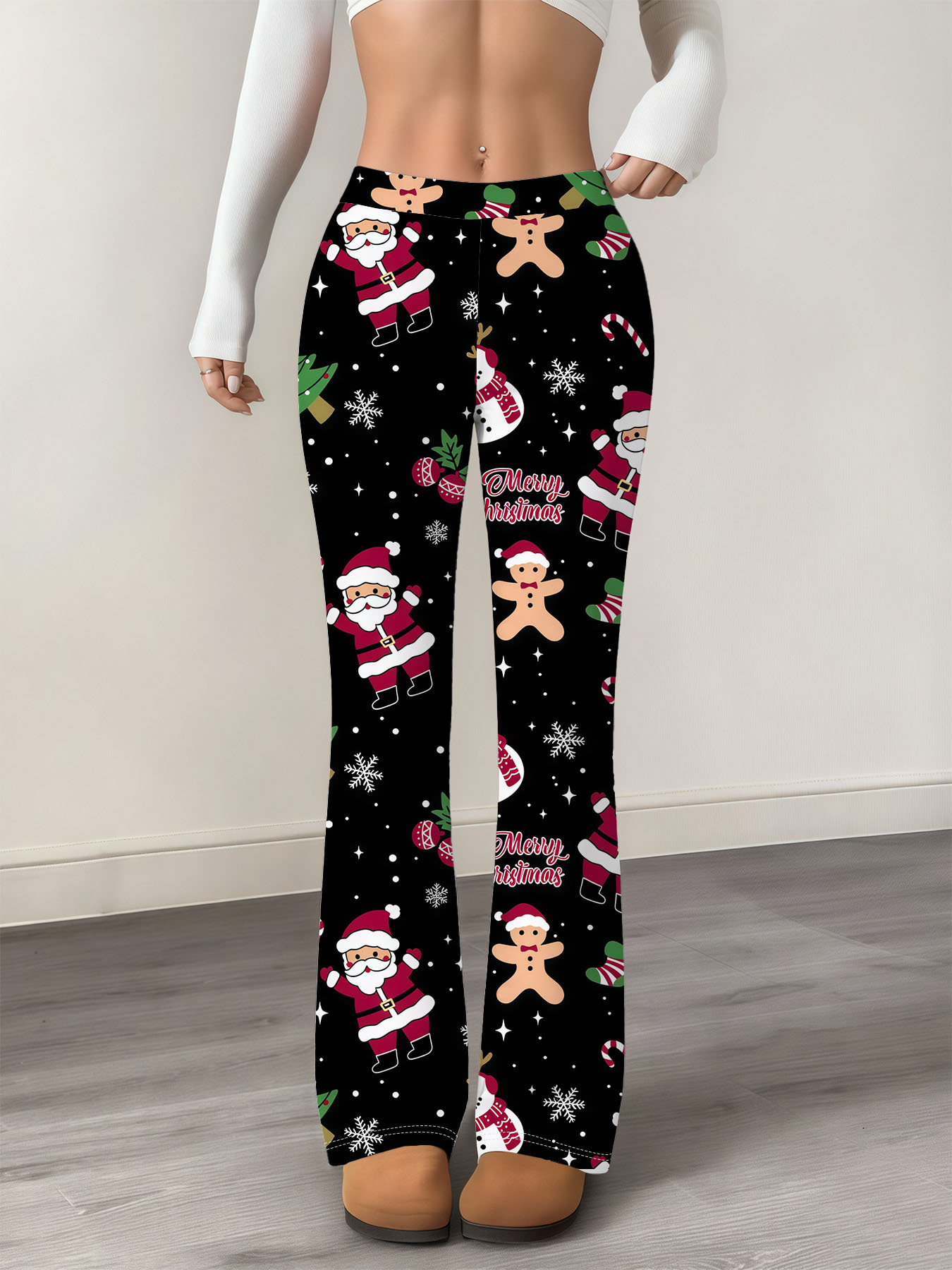 Women's autumn black Christmas-themed printed wide-leg pants