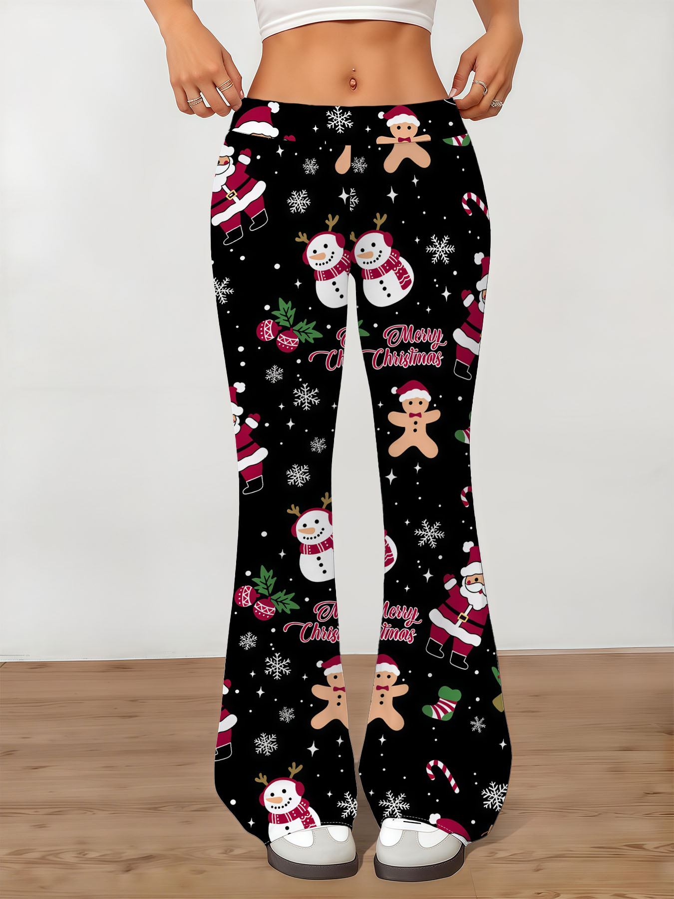 Women's autumn black Christmas-themed printed wide-leg pants - Image 3