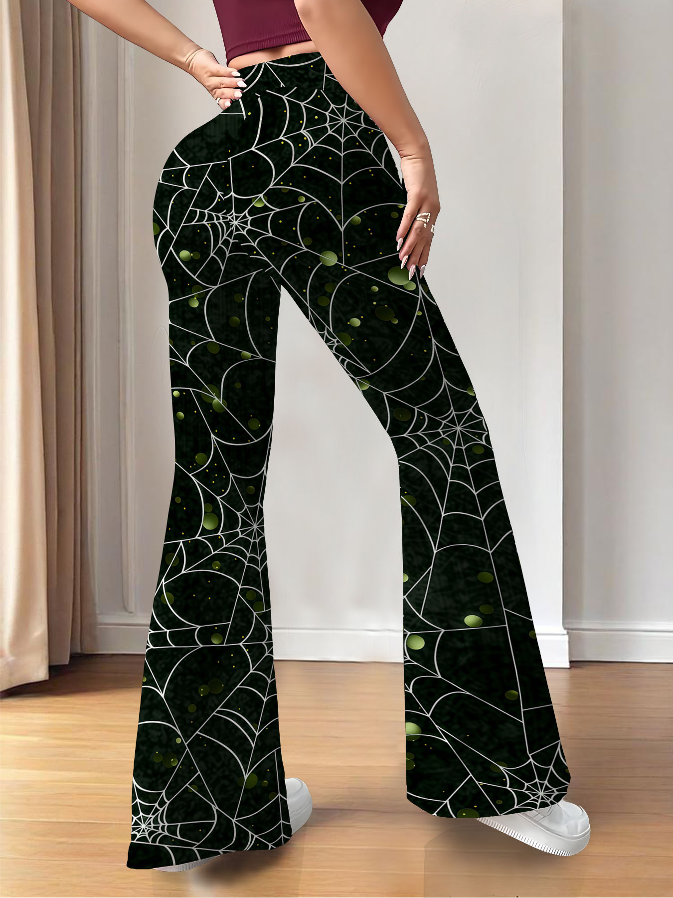 Women's autumn black green cobweb print wide leg pants - Image 5