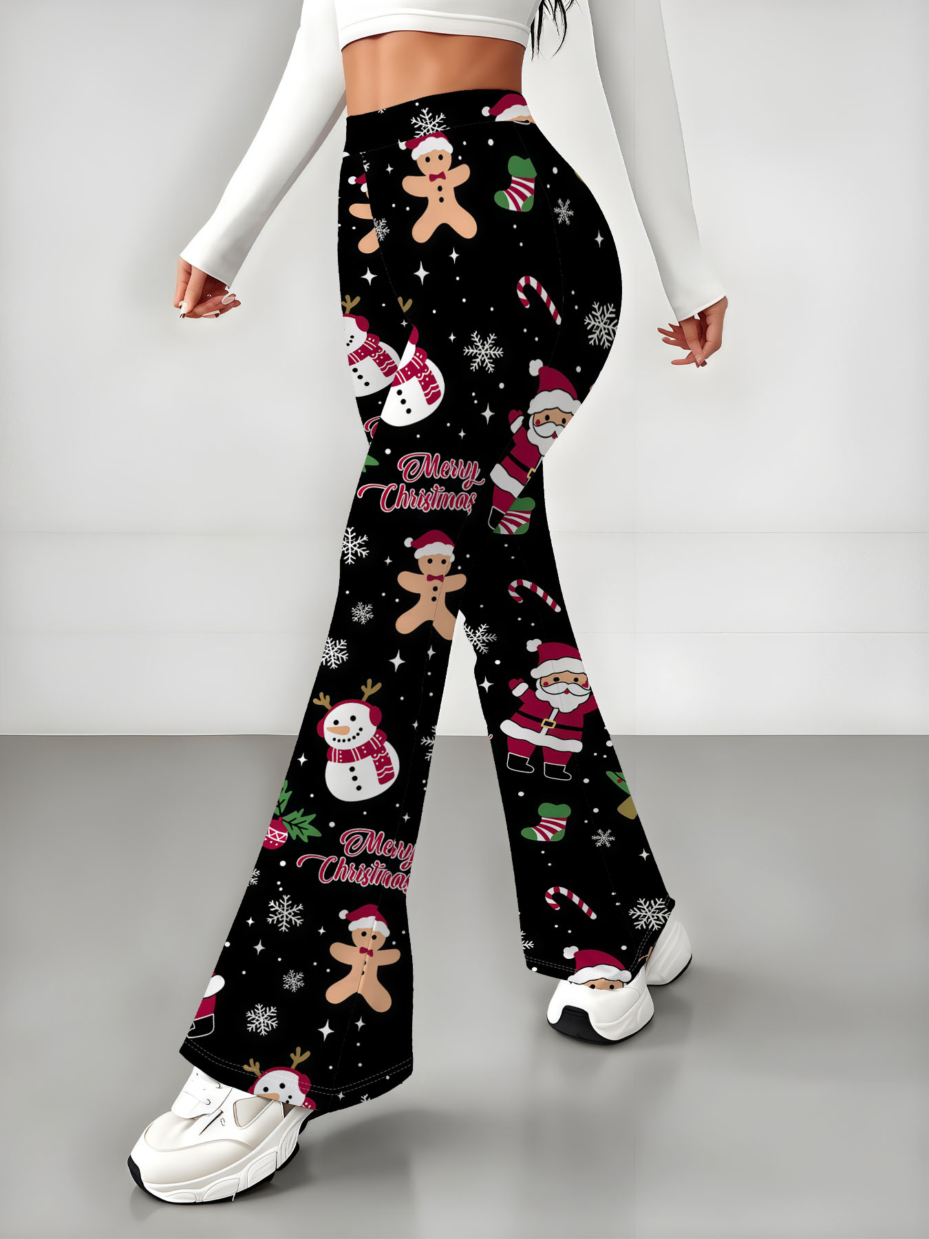 Women's autumn black Christmas-themed printed wide-leg pants - Image 4