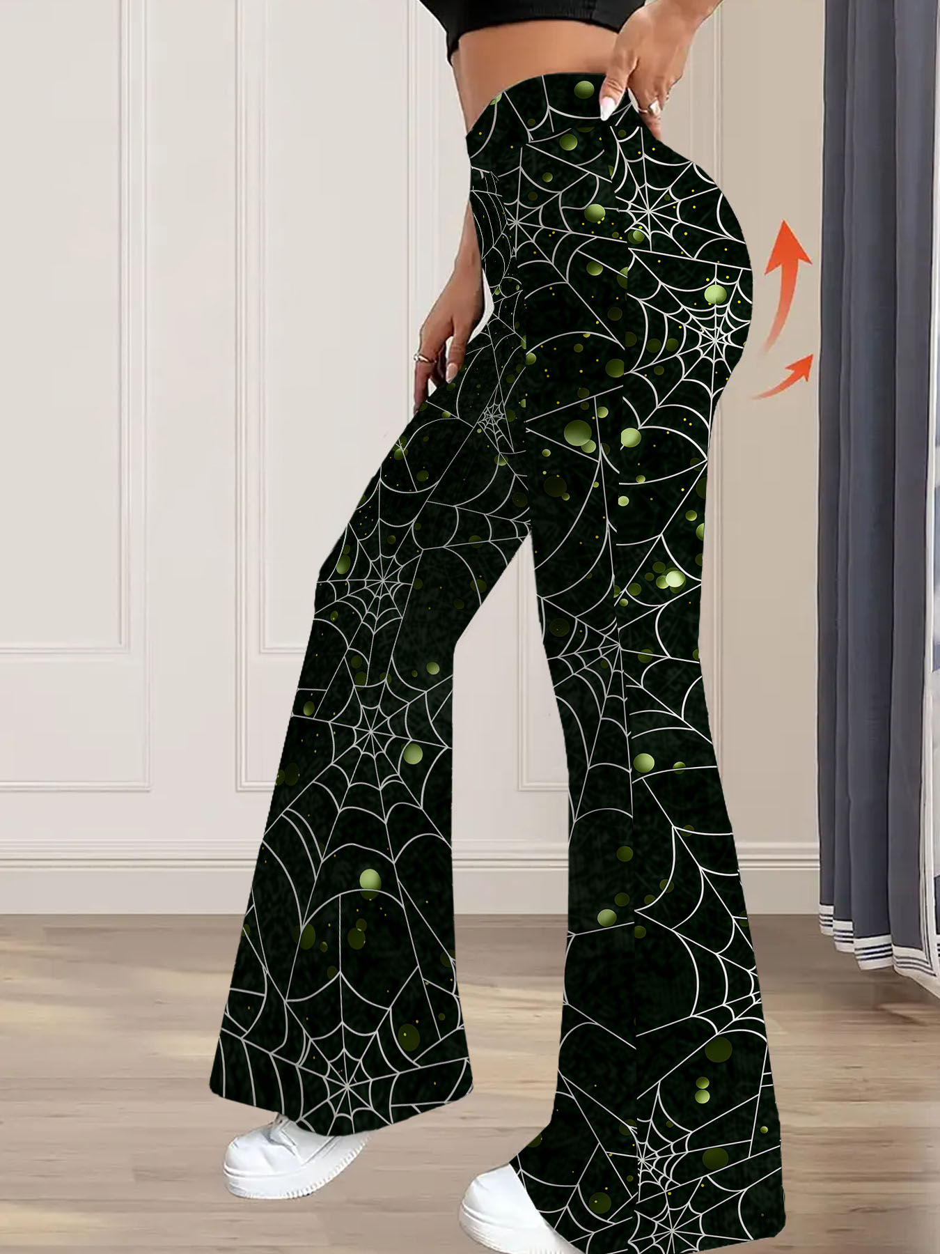 Women's autumn black green cobweb print wide leg pants - Image 2