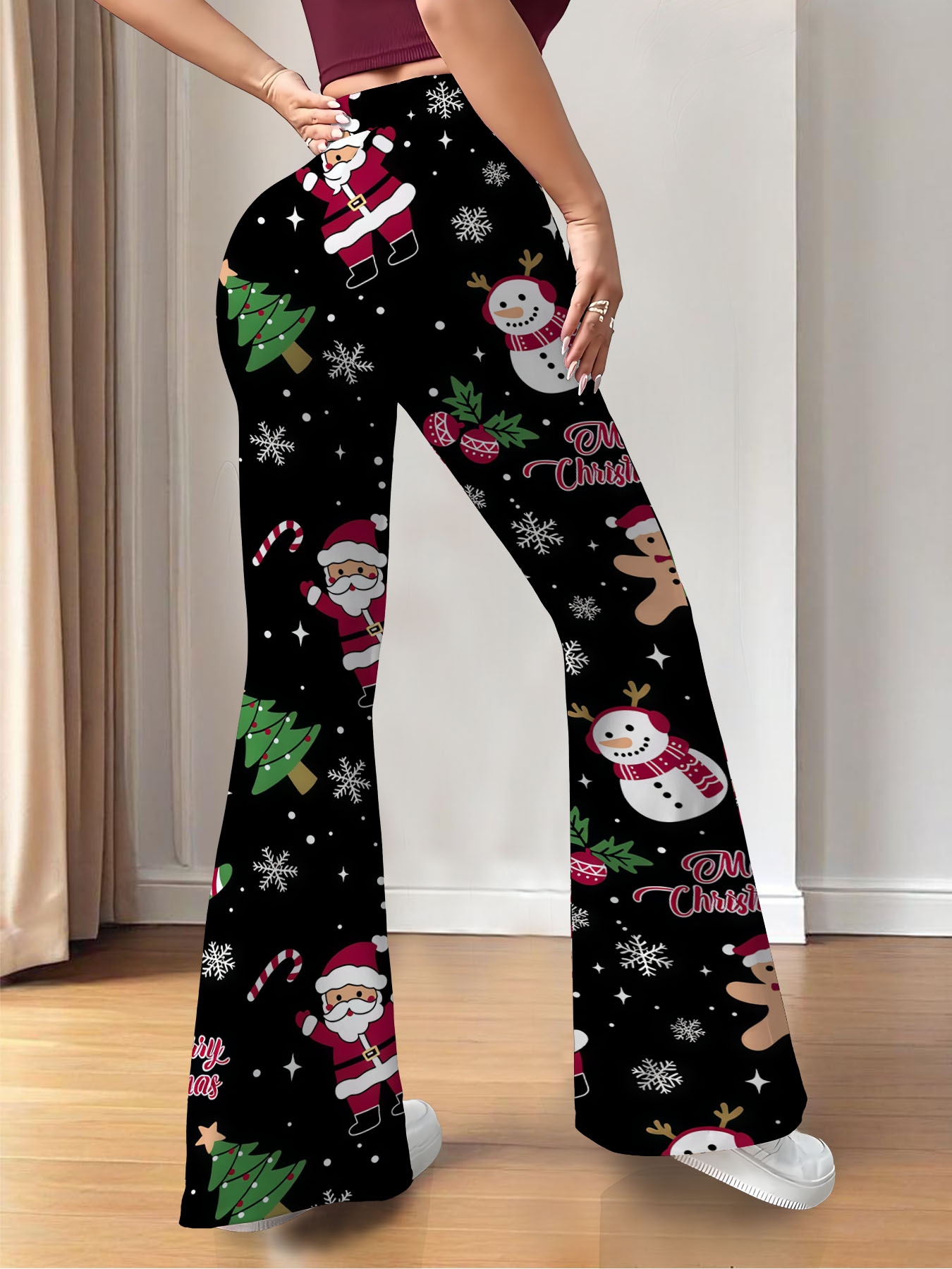Women's autumn black Christmas-themed printed wide-leg pants - Image 5