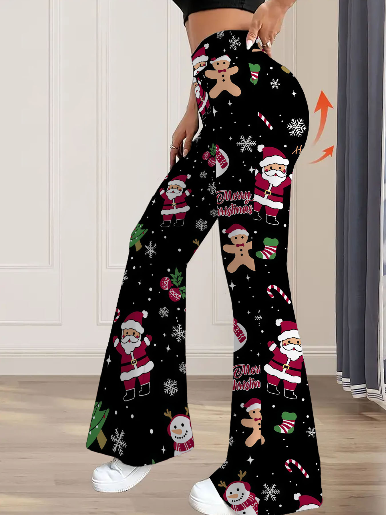 Women's autumn black Christmas-themed printed wide-leg pants - Image 6