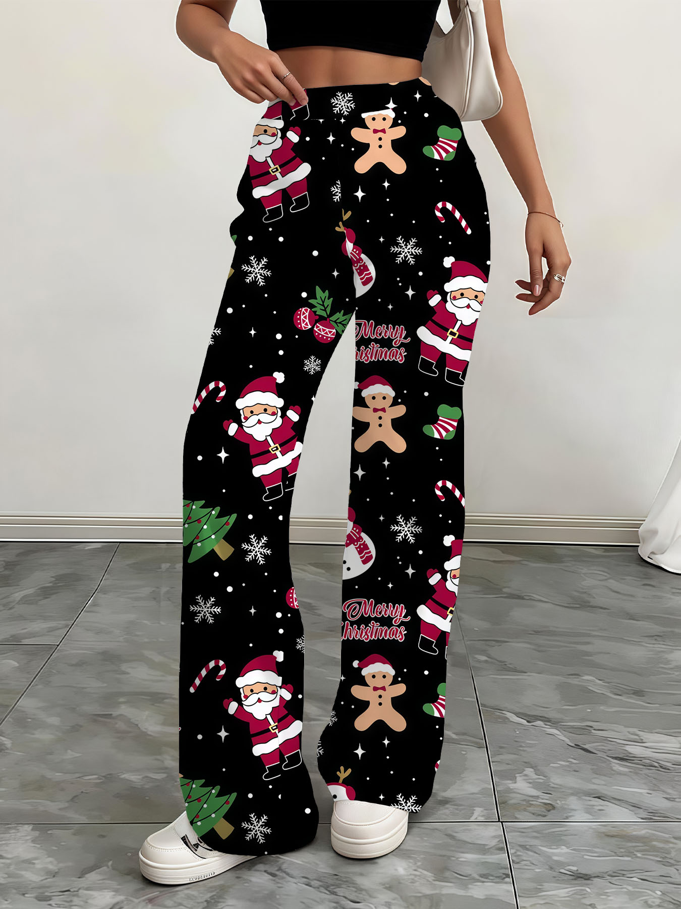 Women's autumn black Christmas-themed printed wide-leg pants - Image 7