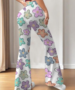 Women's autumn full print color flower wide leg trousers