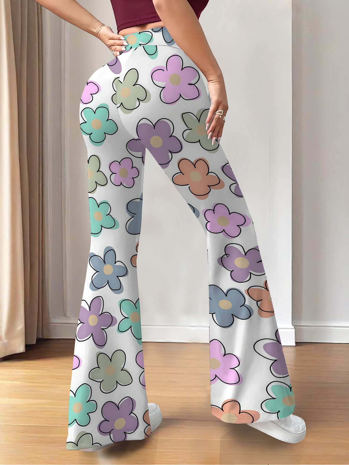 Women's autumn full print color flower wide leg trousers
