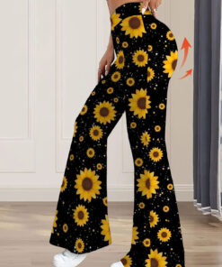 Women's autumn full-print sunflower wide-leg pants